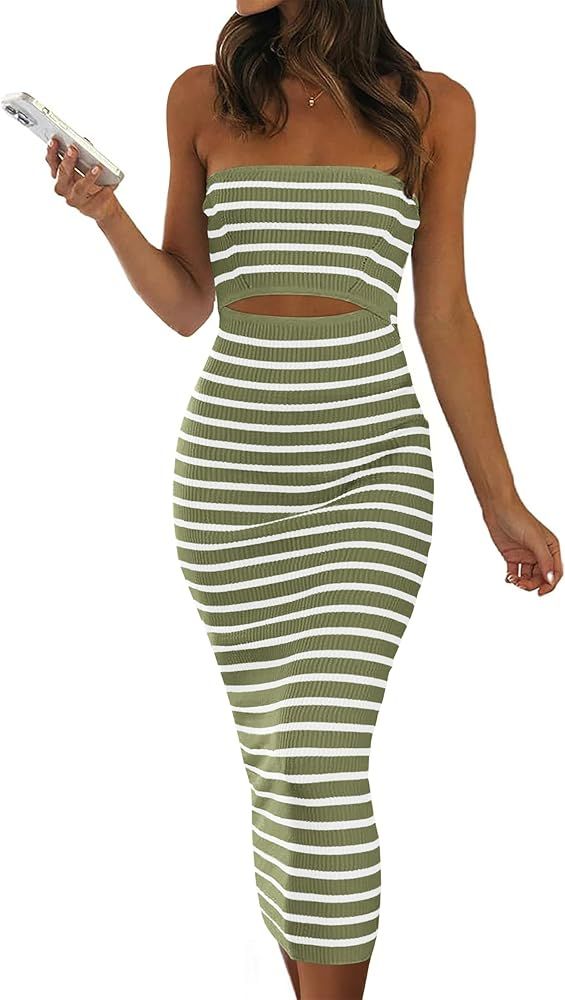 PRETTYGARDEN Women's Summer Midi Bodycon Dress Strapless Cut Out Knit Tube Long Fitted Dresses | Amazon (US)