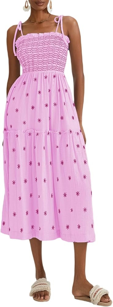 Women Summer Flowy Dress Floral Embroidery Boho Dresses Sleeveless Tie Shoulder Midi Dress Y2k A ... | Amazon (US)