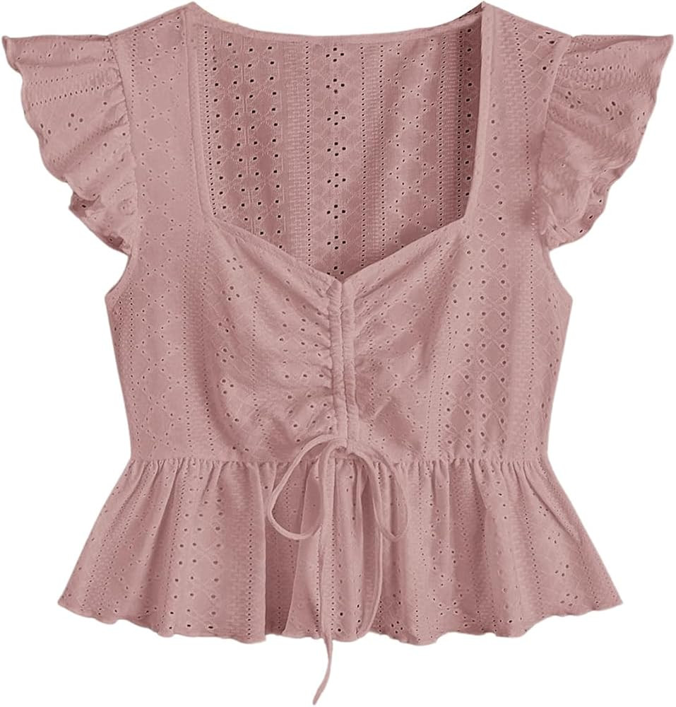 SweatyRocks Women's Ruffle Hem Cap Sleeve Shirts Sweetheart Neck Peplum Blouse Top | Amazon (US)