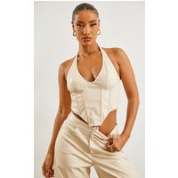 Stone Faux Leather Halterneck Dip Hem Corset | PrettyLittleThing UK