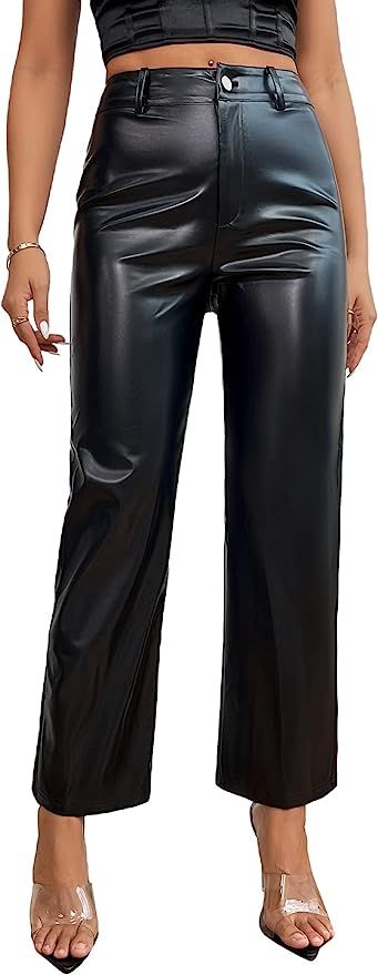 WDIRARA Women's High Waist PU Leather Straight Leg Casual Solid Long Pants | Amazon (US)