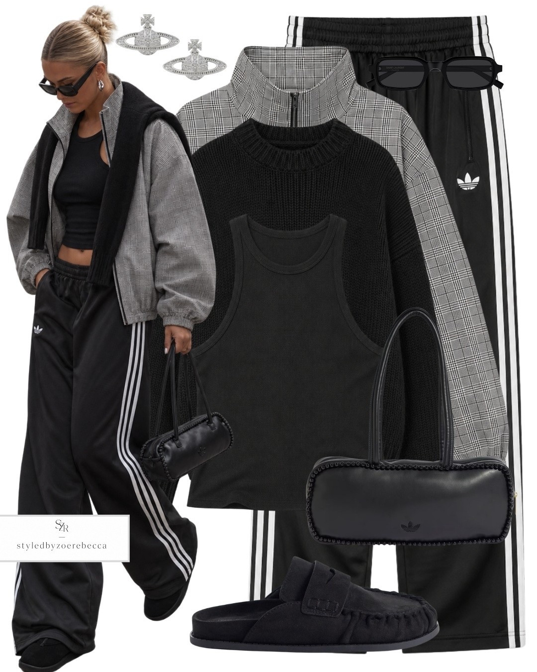 Black and grey sporty autumn outfit 🖤 Styling Adidas track pants with a fitted vest, chunky knit and check jacket for an easy layered everyday look. Finished with black mules and statement accessories for that relaxed sporty chic feel.

#AutumnOutfitIdeas #AdidasStyle #SportyChic #TransitionalOutfits #EverydayStyle #falloutfits

#LTKuk #LTKautumn #LTKsummer