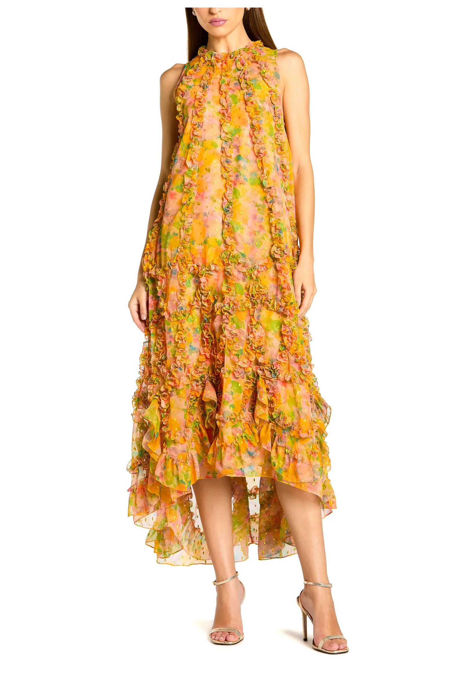 Sleeveless Floral Print Chiffon Micro Ruffle Gown | Nordstrom