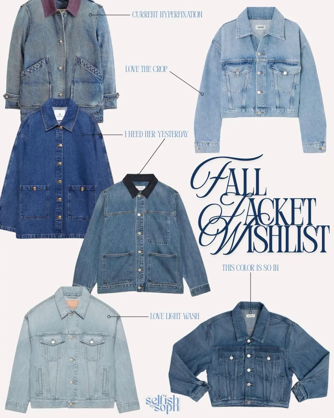 fall denim jackets i'd save up for!!

1. The 90's so-soft Denim Jacket
Brand: Denim Forum by #aritzia
Why I like it: it's oversized & the color is amaze
Price: $138

2. JS Denim Jacket
Brand: #jamesstreetco
Why I like it: it's cropped & the color is stunning
Price: $368

3. The Workwear Denim Shirt Jacket
Brand: Denim Forum by #aritzia
Why I like it: it looks vintage & the pockets are fun
Price: $148

4. Luca Jacket
Brand: #anine bing
Why I like it: the buttons are gold
Price: $650

5. Denim Jacket
Brand: AGOLDE
Why I like it: the crop & the bleaching
Price: $268

6. Relaxed Barn Jacket in Denim
Brand: J. Crew
Why I like it: the collar
Price: $198


#LTKSeasonal #LTKStyleTip #LTKWorkwear