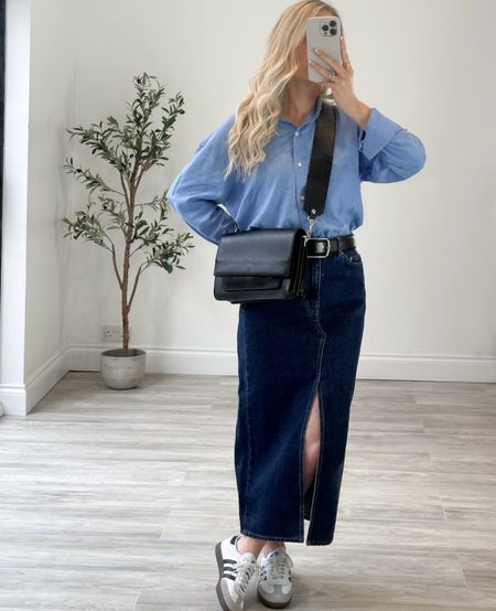 Blue Shirt, Spring Style, Spring Outfit Inspiration, Wardrobe Staples, Denim Maxi Skirt, H&M, Adidas Sambas, Cross Body Bag 

#LTKSeasonal #LTKstyletip #LTKeurope