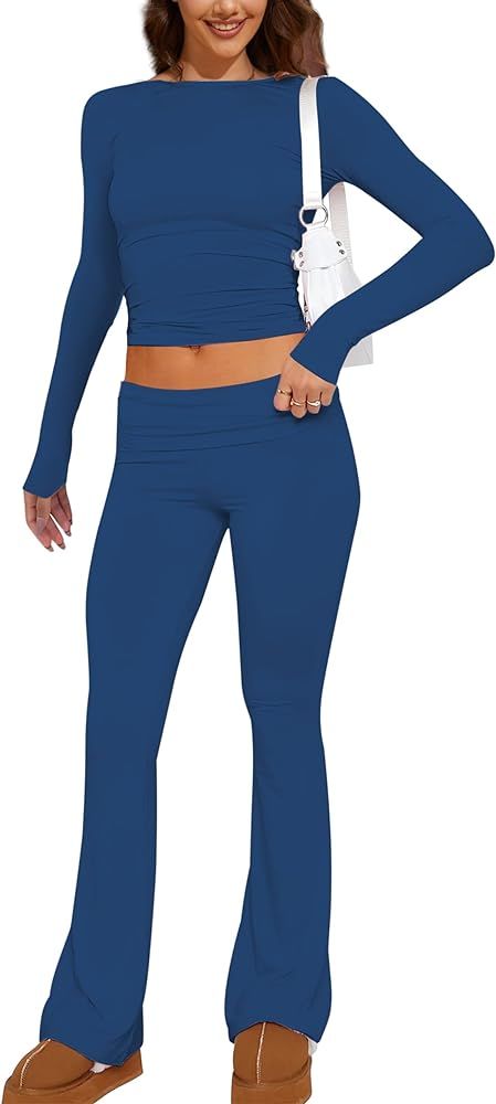 ICOBID Women’s 2 Piece Outfit Solid Basic Long Sleeve Crop Top And Flared Leggings Low Waisted ... | Amazon (US)