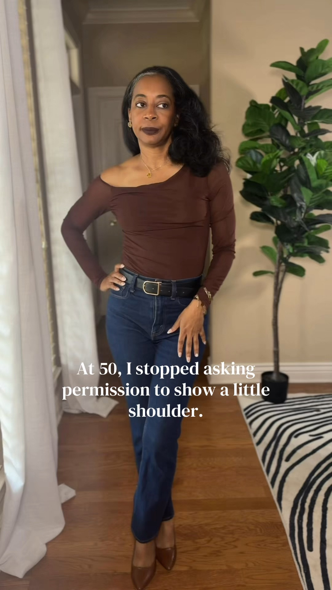 At 50, I stopped asking permission to show a little shoulder.

Chocolate brown, dark denim, and the confidence to wear both. This is what fall refinement looks like on me. Simple pieces, rich color, nothing trying too hard.

The off shoulder top does all the talking. The jeans just show up and behave. And the flats? Comfort that still looks like I mean it.

What’s your power color this fall? Tell me below.

Everything I’m wearing is linked in my LTK and ShopMy. Link in bio.

Follow along for style, beauty & refinement over 40 🤍

She didn’t find herself. She refined her.

xoxo, Mystiqua Trinette

#minimalstyle #fashionover40 #effortlessstyle #over40fashion #styleover40 

Chocolate brown is my love language this fall. 🍂🍁 Fall style is here and I’m loving it!!!