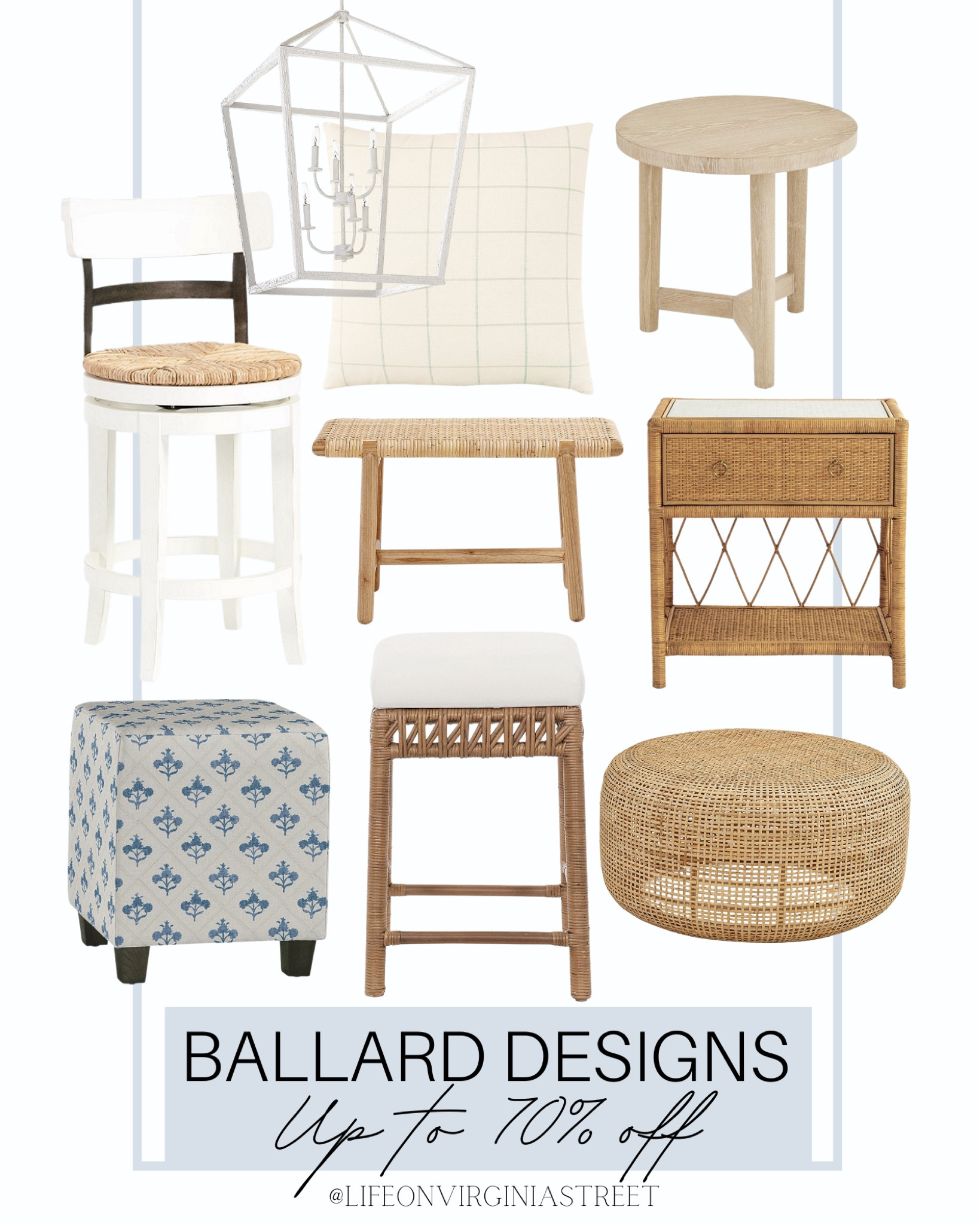 Ballard designs currently has up to 70% off certain items! Grab some of my top picks on major sale! This includes these footstools, dining chairs, side tables, throw pillow, chandelier, bench, and more! 

coastal, coastal style, ballard designs, coastal home, coastal decor, home decor, ballard designs, kitchen furniture, dining room chairs, rattan furniture, furniture sale, living room decor, dining chairs, footstools, barstools 

#LTKsalealert #LTKhome #LTKstyletip