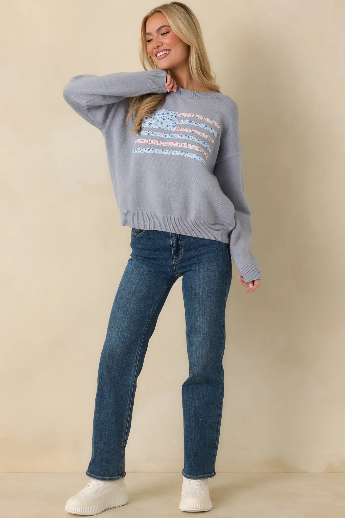 Stitched in Freedom Dusty Blue Floral Patchwork Flag Knit Sweater | Red Dress