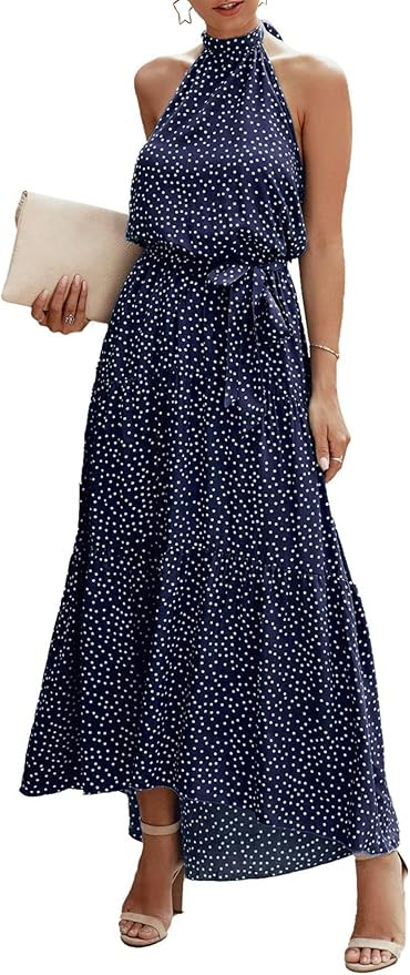 PRETTYGARDEN Women’s Casual Halter Neck Sleeveless Floral Long Maxi Dress Backless Loose Ruffle... | Amazon (US)