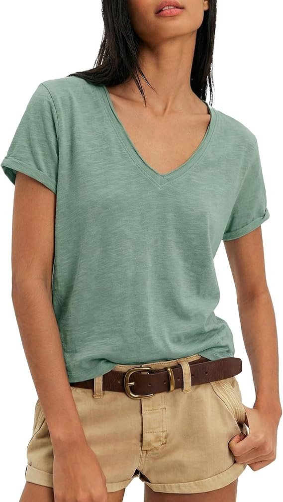 Womens V Neck Short Sleeve T Shirts Summer Casual Tops Unique Back Vertical Seam Design Basic Sol... | Amazon (US)