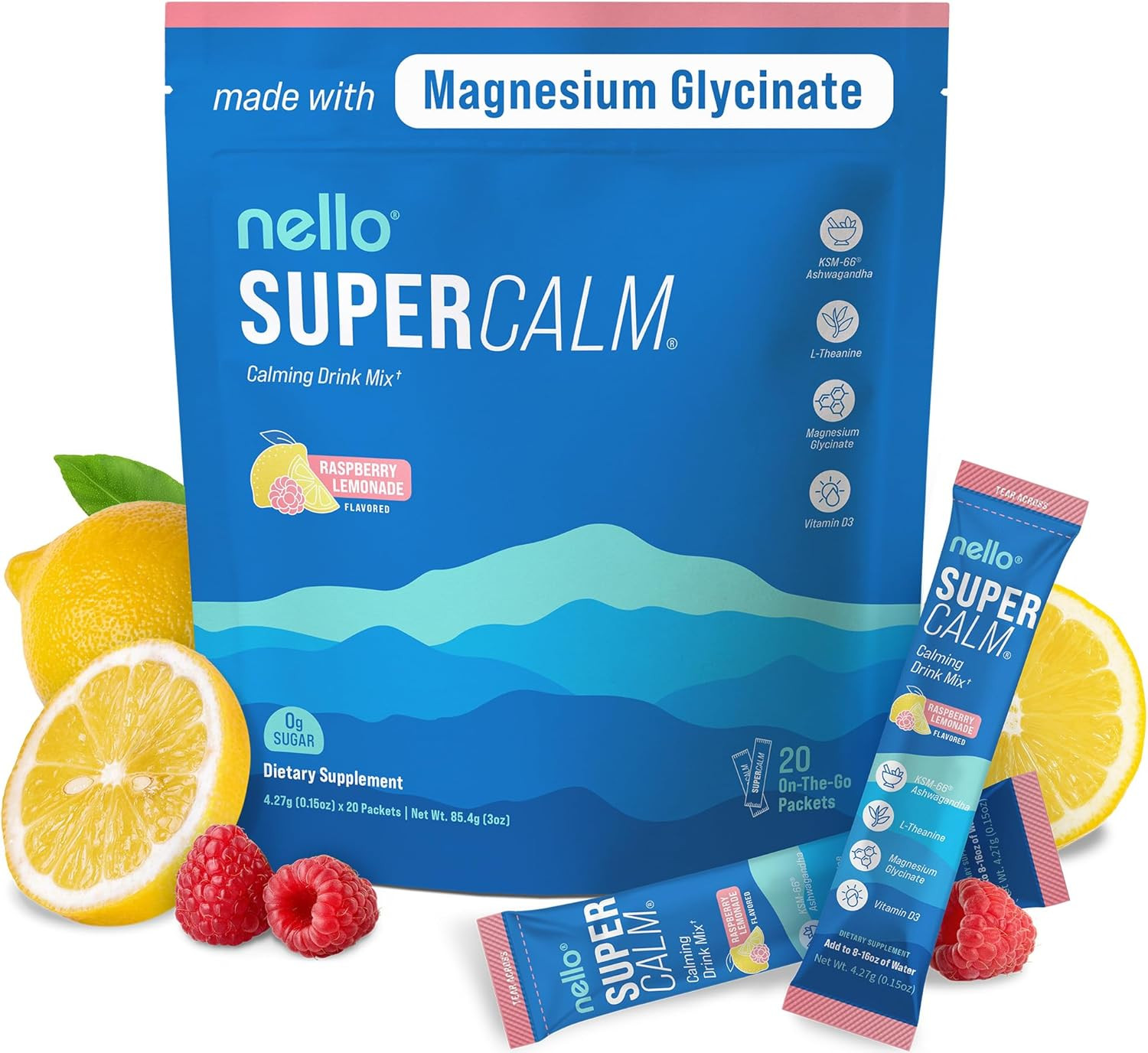 Nello Supercalm Powdered Drink Mix, Raspberry Lemonade, L Theanine, Ksm-66 Ashwagandha, Magnesium... | Amazon (US)