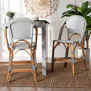 bali & pari Genica 24 in. Navy Blue and White Weaving Rattan Counter Stool (Set of 2) 251-2P-1395... | The Home Depot