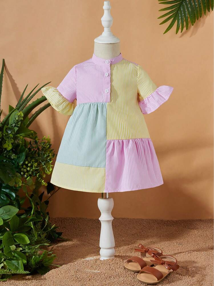 SHEIN Baby Striped Print Colorblock Flounce Sleeve Ruffle Hem Smock Dress
       
              
... | SHEIN