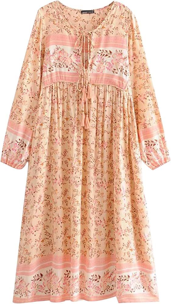 Top-Vigor Boho Dresses for Women 3/4 Long Sleeve Floral Print Retro V Neck Tassel Bohemian Midi D... | Amazon (US)