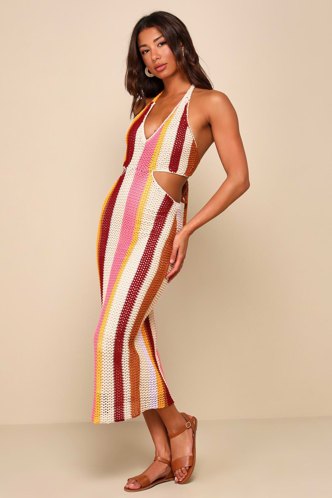 Sunny Destiny Beige Multi Striped Crochet Halter Midi Dress | Lulus