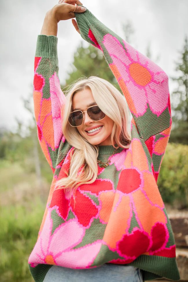 Lively Love Olive Multi Oversized Floral Print Sweater | Pink Lily