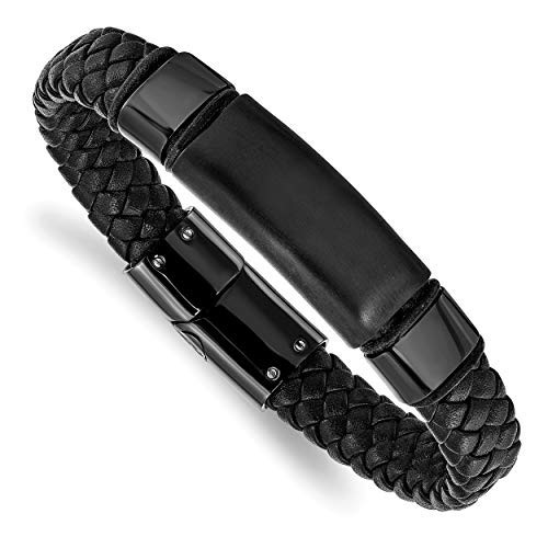 Men's Black Braided Leather, Satin-Brushed Black IP, Stainless Steel Bracelet, 8.25 Inches | Amazon (US)