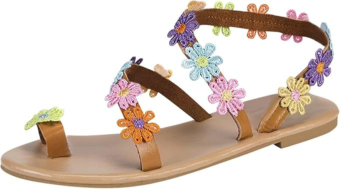 Women Colorful Flower Flat Sandals Slip On Sandals Bohemian Sandals Summer Casual Open Toe Shoes ... | Amazon (US)