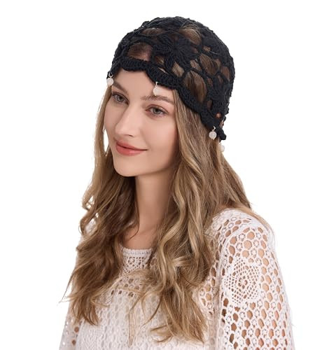 ZLYC Women Cotton Crochet Skull Cap Handmade Knit Cutout Floral Beanie Hat, Beads Black | Amazon (US)