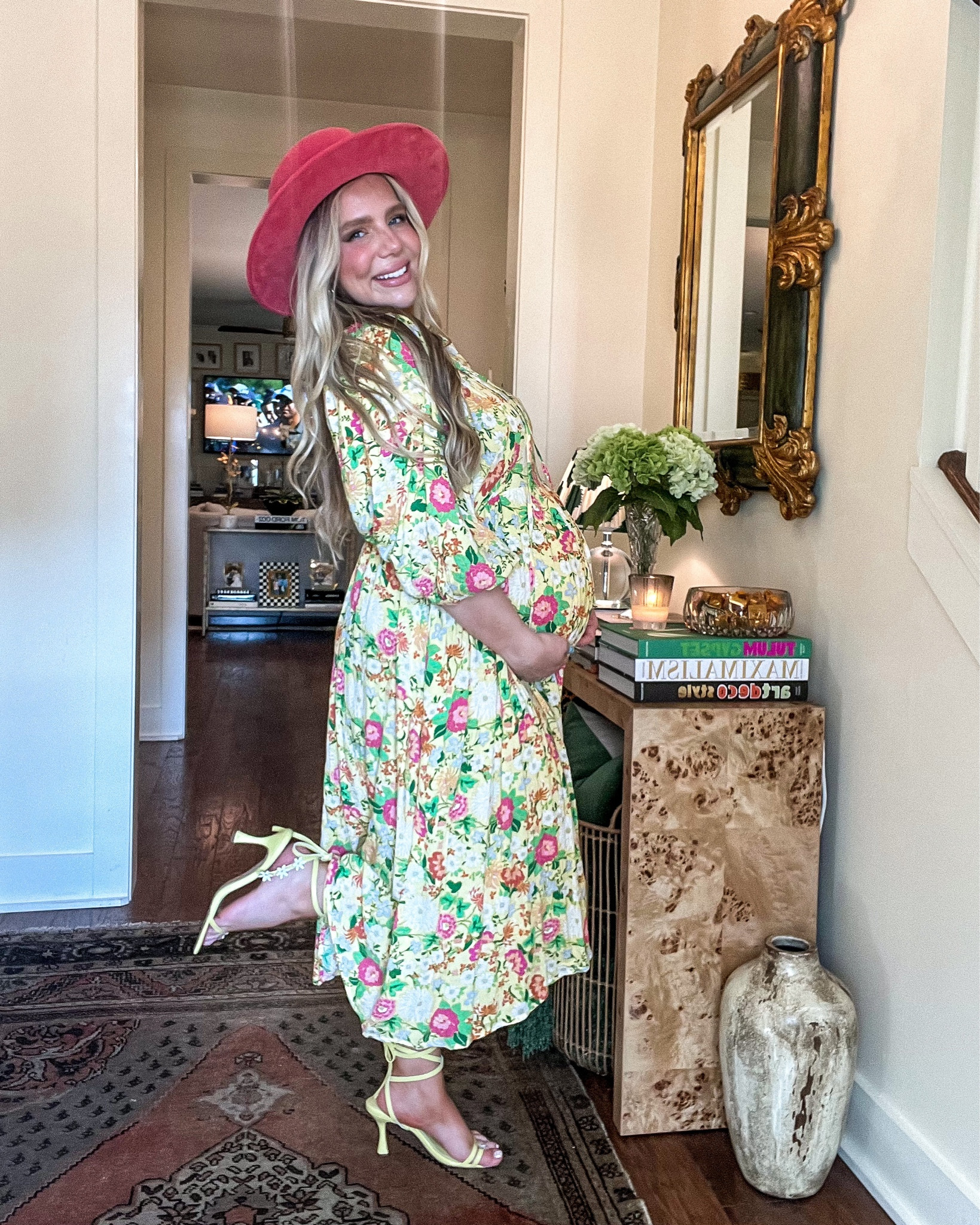 Prettiest yellow floral dress from Pink Blush Maternity! Paired with yellow daisy heels last season from Asos and a coral hat from Anthropologie. Could be easily dresses down with sneakers too and soooo comfy and breezy! 33 weeks prego here and wearing a medium  

#LTKunder100 #LTKSeasonal #LTKbump