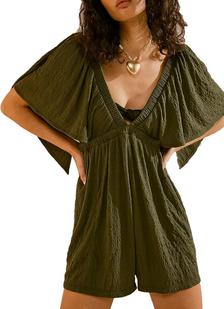2024 Women Summer V Neck Backless Flutter Sleeve One Piece Outfits Rompers with Elastic High Wais... | Amazon (US)