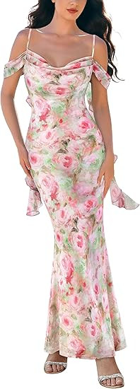 VFSHOW Womens Summer Beach Wedding Guest Ruffle Ruched Bodycon Maxi Long Dress 2026 Mesh Spaghett... | Amazon (US)