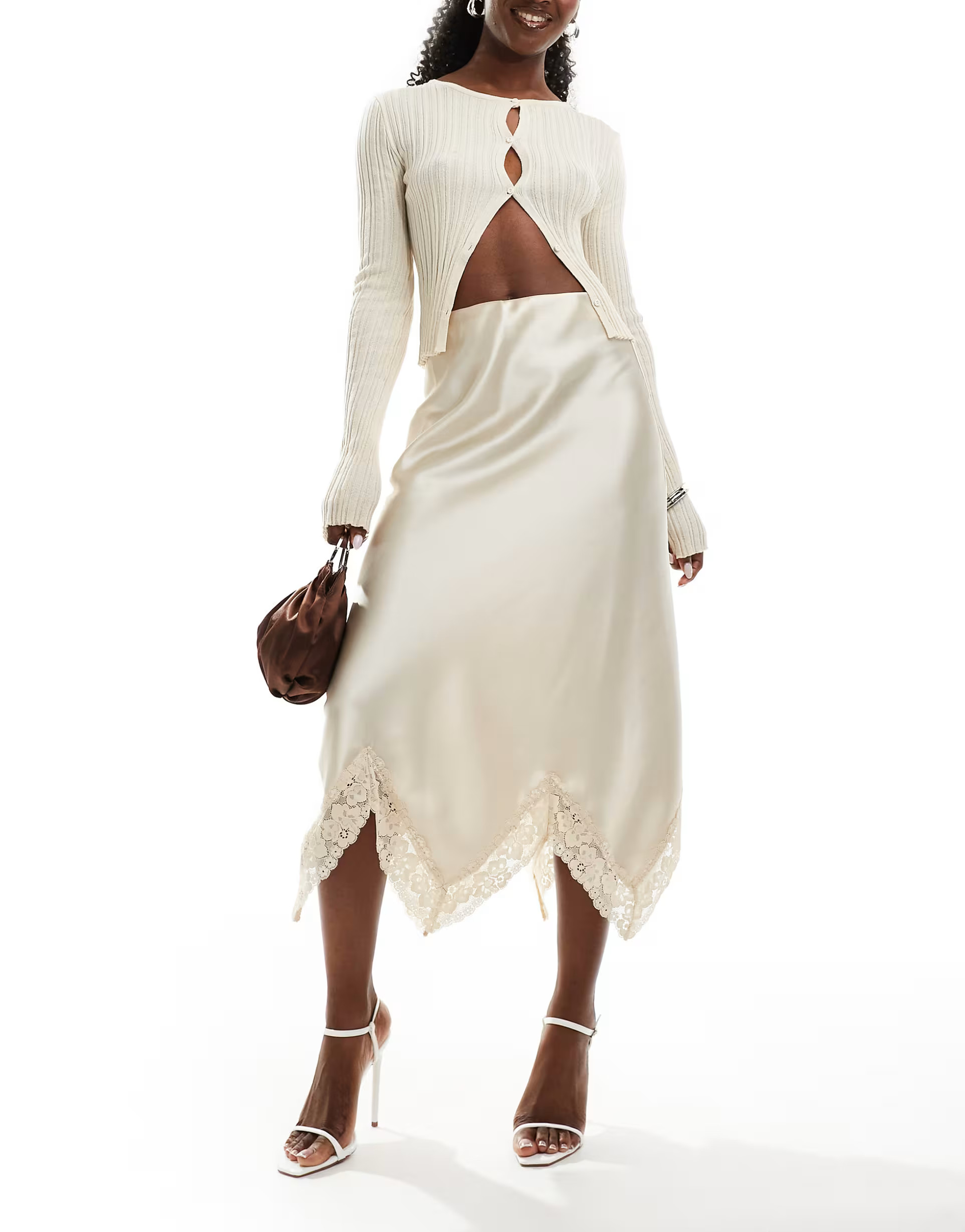 Miss Selfridge satin maxi skirt with trim in cream | ASOS (Global)