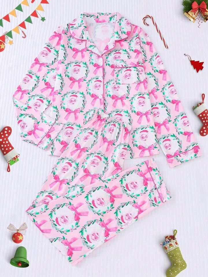 2pcs Santa Claus Print Women's Pajama Sets For Winter, Includes Comfortable Collared Long Sleeve ... | SHEIN