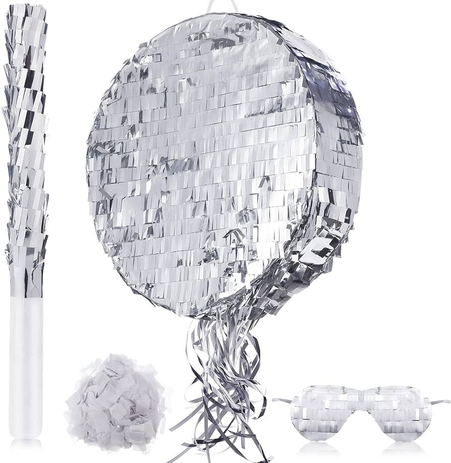 Ferraycle Disco Ball Small Pinata with Pinata Stick Blindfold and Confetti, Silver Foil Pinatas f... | Amazon (US)