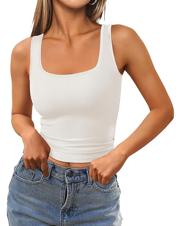Tank Tops for Women 2025 Summer Ribbed Sleeveless Square Neck Slim Fitted Crop Tank Shirts | Amazon (US)