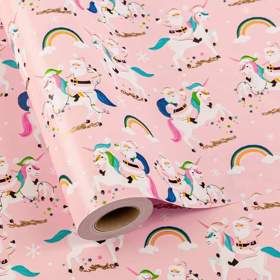 MAYPLUSS Christmas Wrapping Paper Roll - 17 Inch X 33 Feet - Fairytale Christmas Baby Pink Unicor... | Amazon (US)