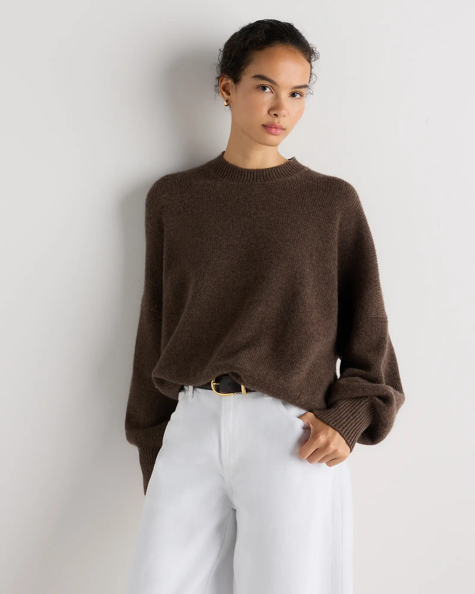 100% Mongolian Cashmere Slouchy Blouson Sleeve Crewneck in Brown | Quince