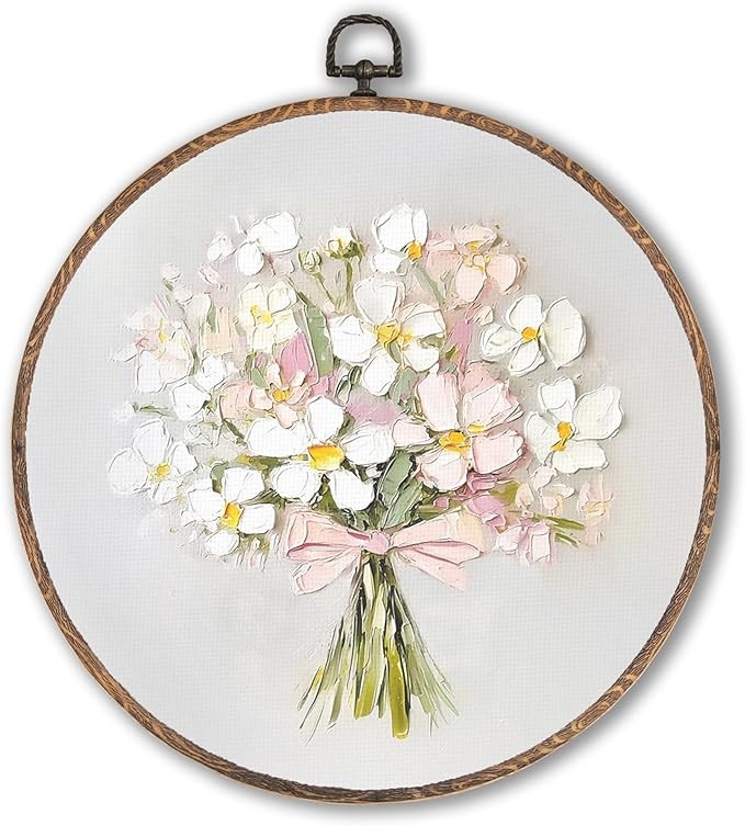 Hxlac Vintage Pink Bow Floral Bouquet Round Wall Art Framed, White Floral Round Wall Decor, Vinta... | Amazon (US)