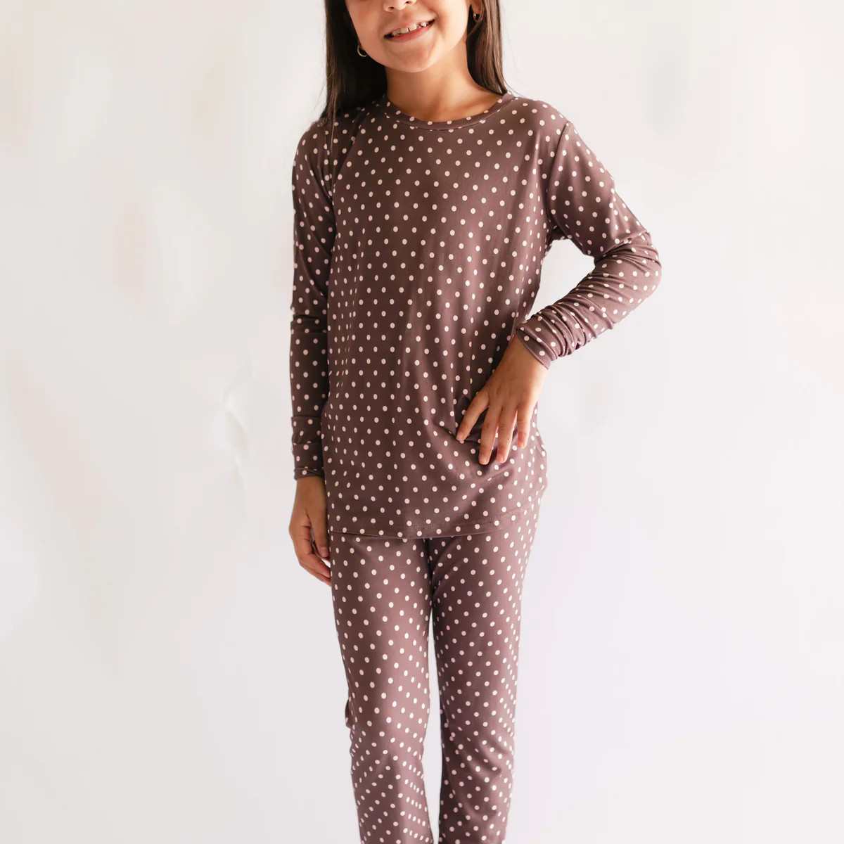 Youth Pajama Set in Brown & Pink Polka Dot | Silks Design