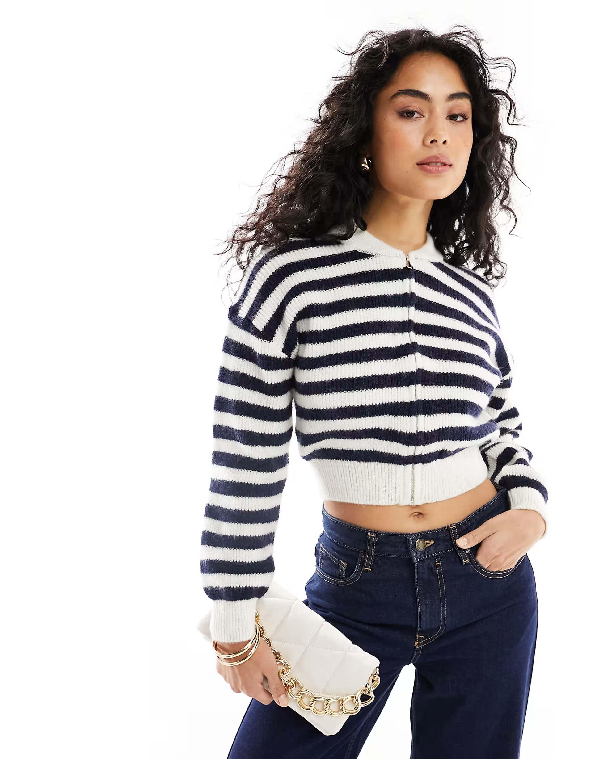 Mango zip through stripe cardigan in navy and white | ASOS (Global)