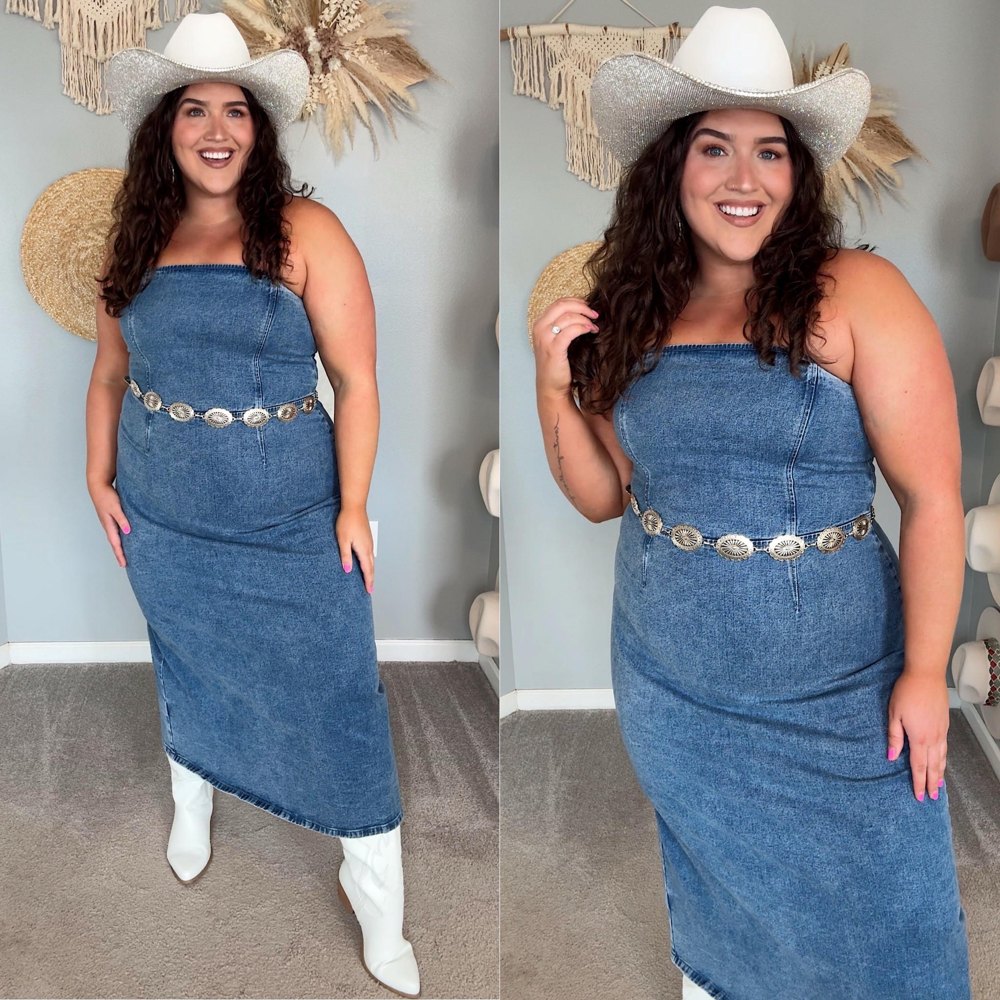Curvy approved stretchy denim dress 💙 10/10 fit, strapless non-slip bust line 
Styled with western accessories for a cute country concert outfit inspo 🤠 Hat is “officialrhinestonecowgirl” on Instagram!
Size XL

#LTKSummerSales #LTKStyleTip #LTKMidsize