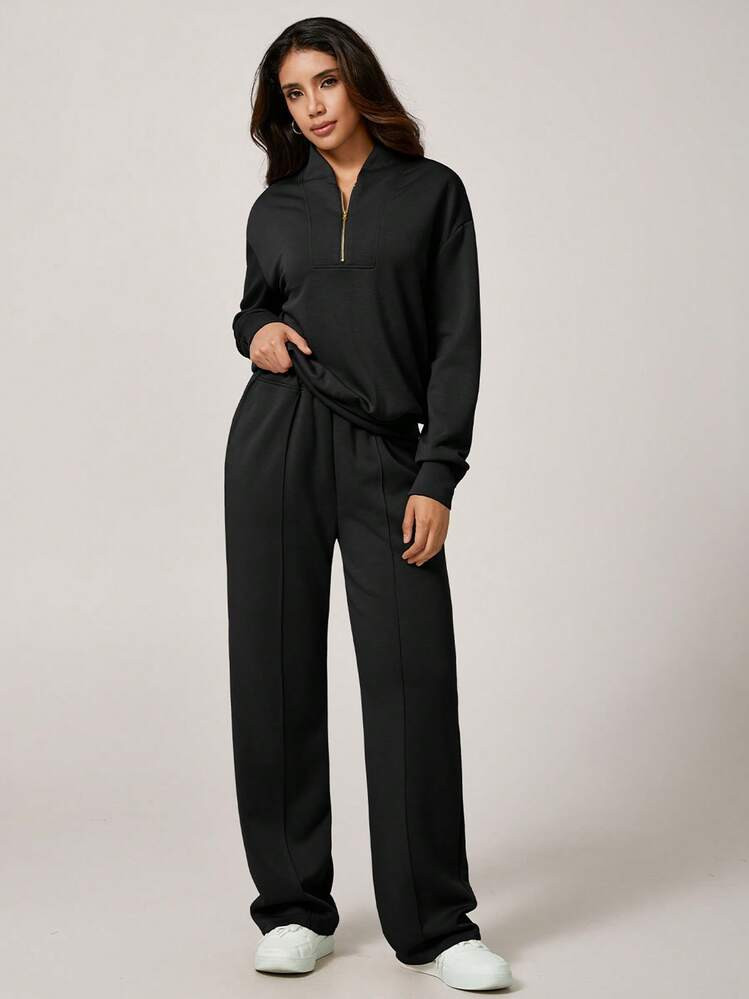 NcmRyu Conjunto Deportivo De Mujer Con Pantalón De Cintura Elástica Y Bolsillo, Y Chaqueta De Manga Larga Con Cuello De Media Cremallera | SHEIN