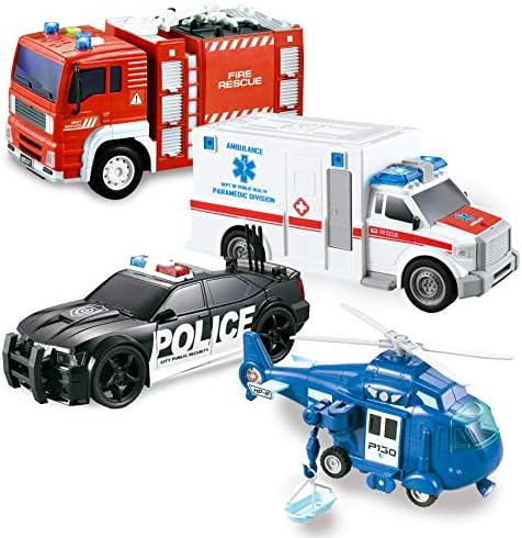JOYIN 4 Packs Emergency Vehicle Toy Playsets, Friction Powered Vehicles with Light and Sound, Inc... | Amazon (US)