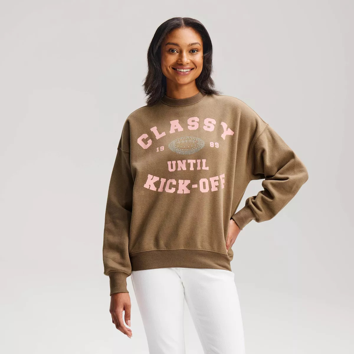 Women's Crewneck Classy Until Kickoff Fleece Graphic Pullover Sweatshirt - Brown XXL | Target
