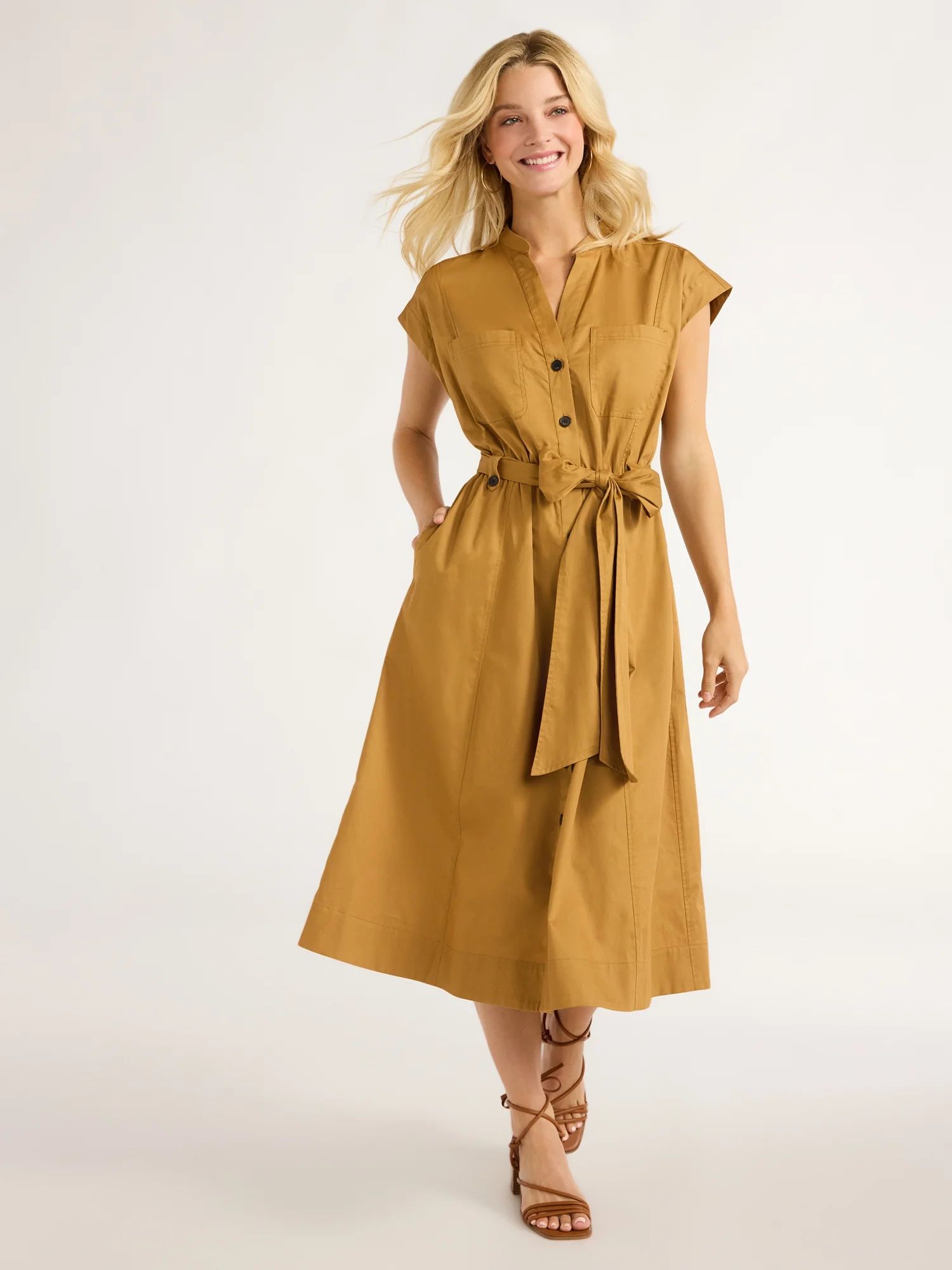 Free Assembly Women’s Belted Cotton Utility Midi Dress, Sizes XS-XXL | Walmart (US)