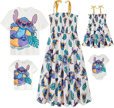 Disney Stitch Matching Family Outfits Mommy and Me Cami Dress Hawaiin Summer Casual Sundress and ... | Amazon (US)