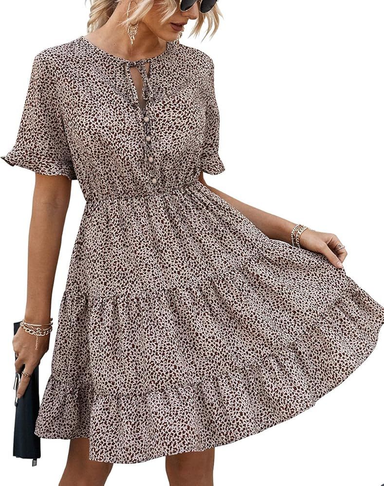 KIRUNDO Women’s 2021 Summer Hot Short Sleeve V-Neck High Waist Floral Print Mini Boho Sun Dress... | Amazon (US)