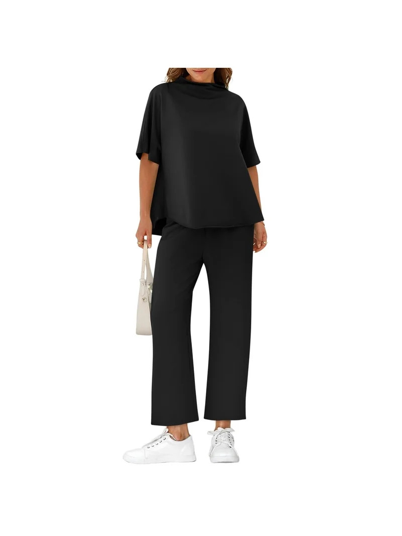 Women 2 Piece Outfits 3/4 Batwing Sleeve Pullover Tops and Wide Leg Pants Casual Lounge Set | Walmart (US)