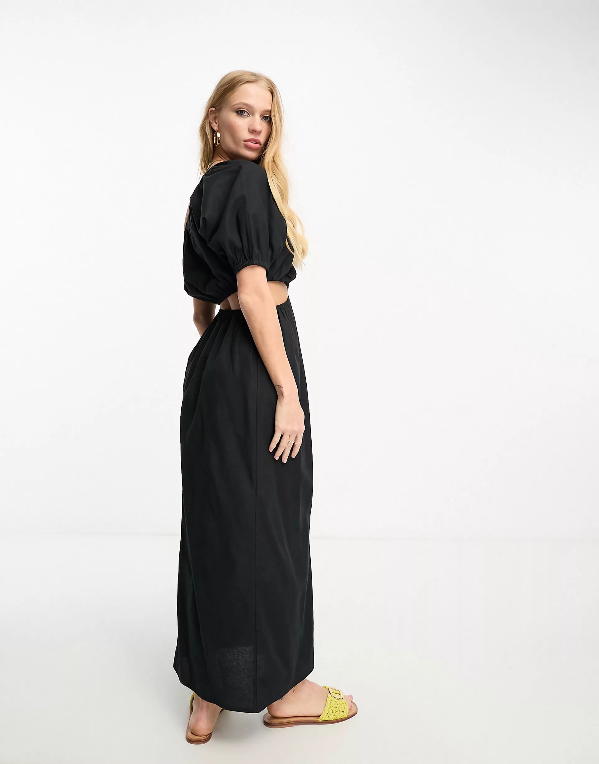 ASOS DESIGN linen one shoulder midi dress in black | ASOS (Global)