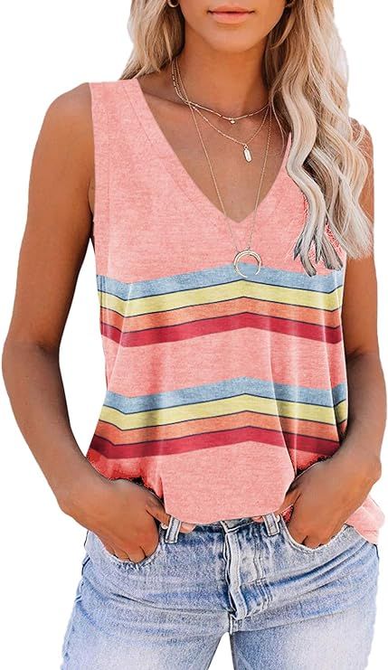 ETCYY NEW Tank Tops for Women, Cute Sleeveless V Neck Workout Tops Printed Running Casual Athleti... | Amazon (US)