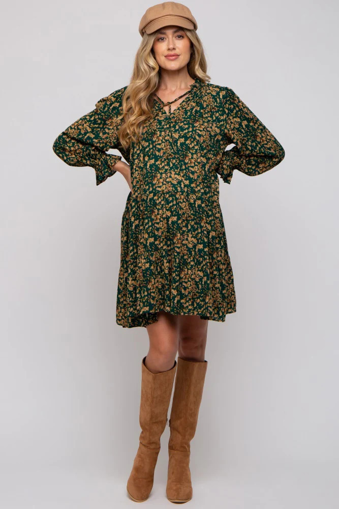 Forest Green Leaf Print Long Sleeve Maternity Dress | PinkBlush Maternity
