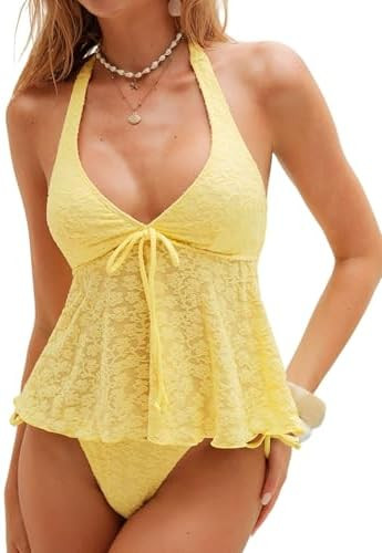 ZAFUL Womens Halter Tankini Swimsuits V Neck Front Tie Knot Floral Texture Flowy 2 Pieces Tummy C... | Amazon (US)