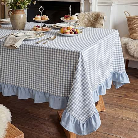 HunnmingRe Blue Gingham Plaid Ruffled Tablecloth 84 x 60 Inches 100% Cotton Checkered Rectangle Table Cloth Farmhouse Cottage Vintage Dining Table Cover Decor for Spring Holiday Party | Amazon (US)