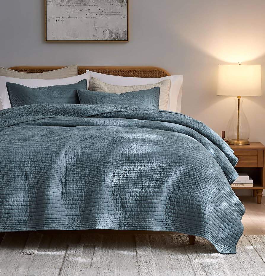 PALASSIO Striped Blue Grey 100% Cotton Quilt California Cal King Size Bedding Sets, Oversized Lig... | Amazon (US)